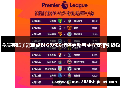今晨英超争冠焦点BIG6对决伤停更新与赛程安排引热议 今晨英超争冠焦点BIG6对决伤停更新与赛程安排引热议